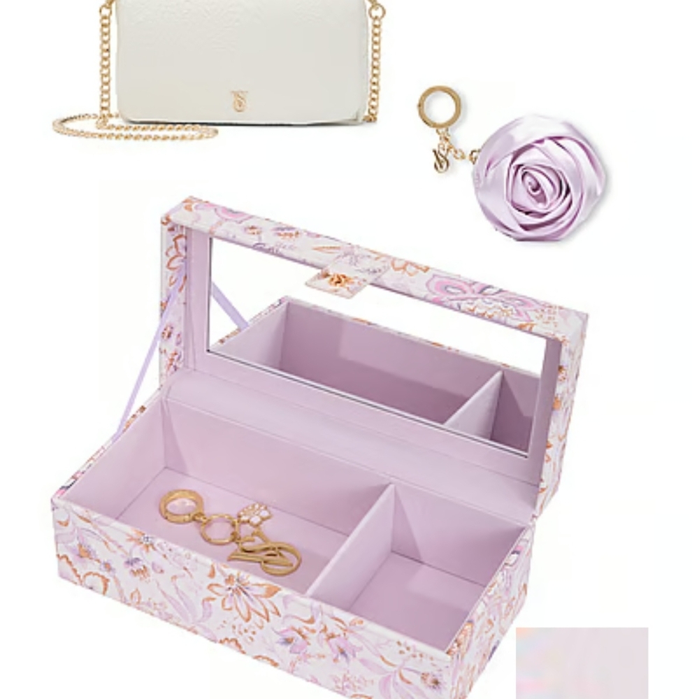 Victoria's Secret Floral Jewelry Box with White Purse and Lavender Keychain